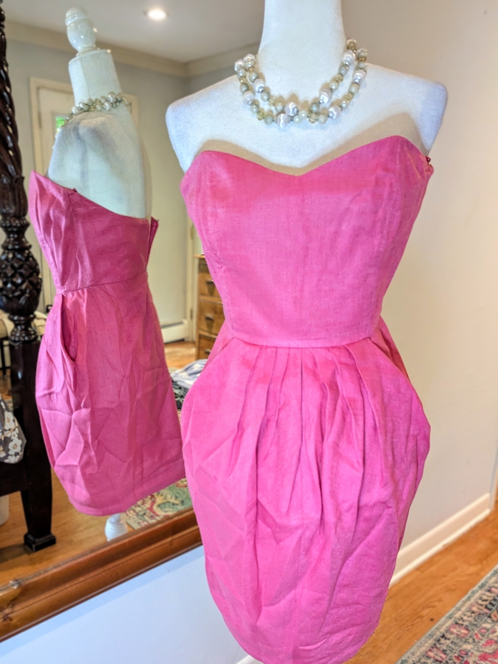 💯Linen 80s Vintage Anne Klein Strapless Pink Pleated Cocktail Dress w pockets